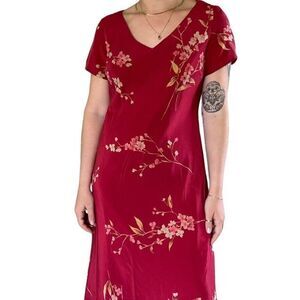 Vintage Y2K Womens Jones New York 100% Silk Red Floral Romantic Dress Sz M